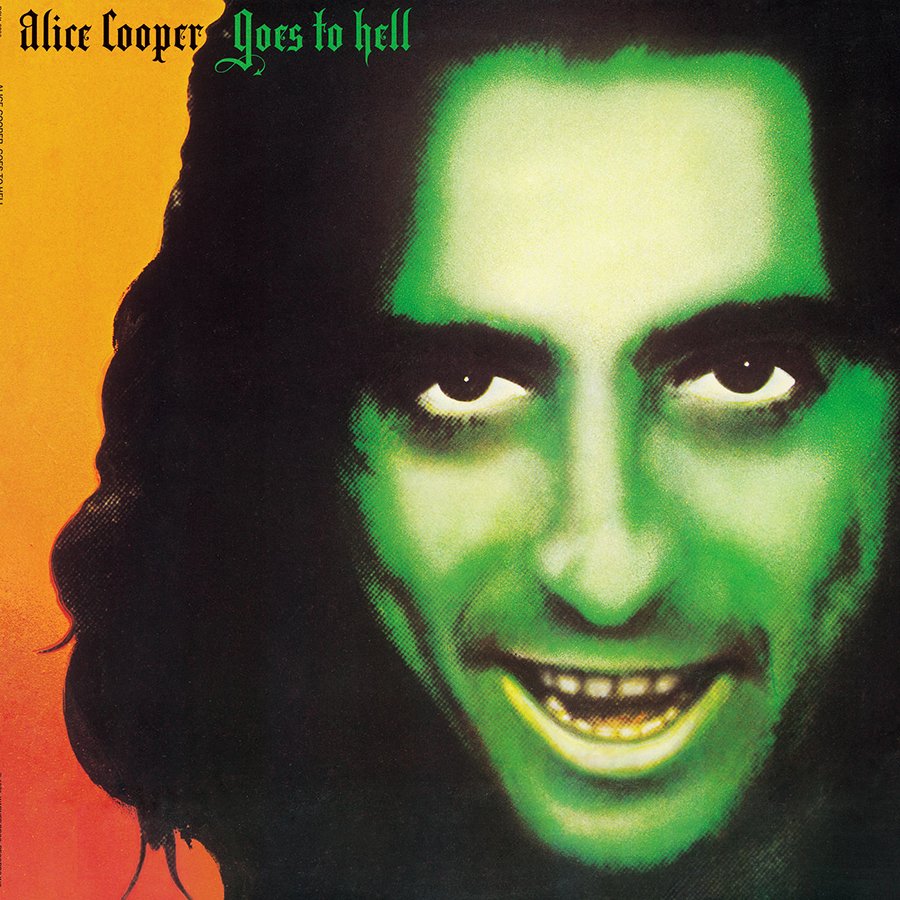 Album cover featuring a green-tinted portrait of a woman with dark hair, smiling with visible teeth. Text at the top left reads 'Alice Cooper Goz to hell' in black and green letters on a gradient background that transitions from black to yellow.