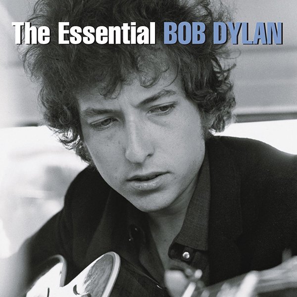 The album cover for 'The Essential Bob Dylan,' featuring a black and white photo of Bob Dylan playing guitar and singing, with his curly hair and focused expression.
