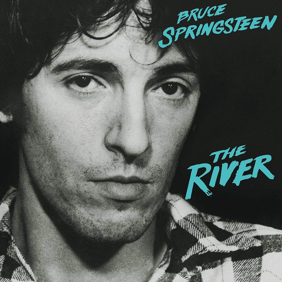 Black and white close-up portrait of Bruce Springsteen with text "Bruce Springsteen The River" in blue font.