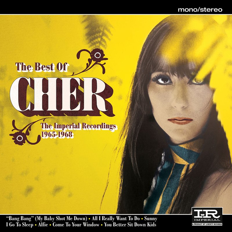 Album cover titled 'The Best Of Cher: The Imperial Recordings 1965-1968', featuring a woman with long dark hair, white skin, and bold makeup against a yellow background, with stylized text and graphics.