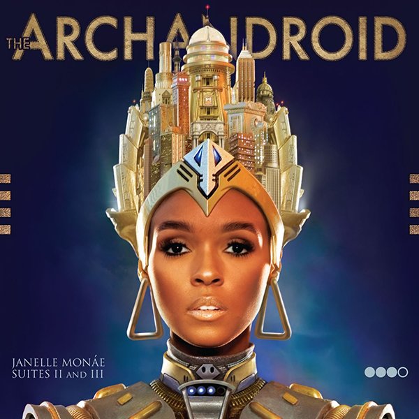 Promotional poster for the movie "The ArchAndroid" featuring a woman with a futuristic headpiece resembling a city skyline and a metallic collar, set against a blue background.