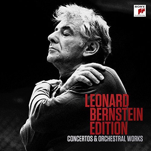 Black and white photo of Leonard Bernstein with arms crossed, looking contemplative, with text indicating a Leonard Bernstein Edition of concertos and orchestral works, and a Sony logo in the top right corner.