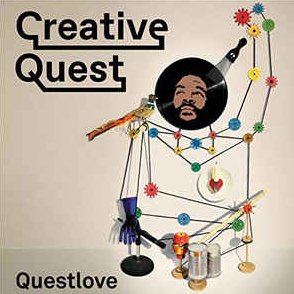 Poster with the text 'Creative Quest' and 'Questlove,' featuring a stylized illustration of Questlove's face as a black circle with a beard and afro, connected to various objects and musical instruments.