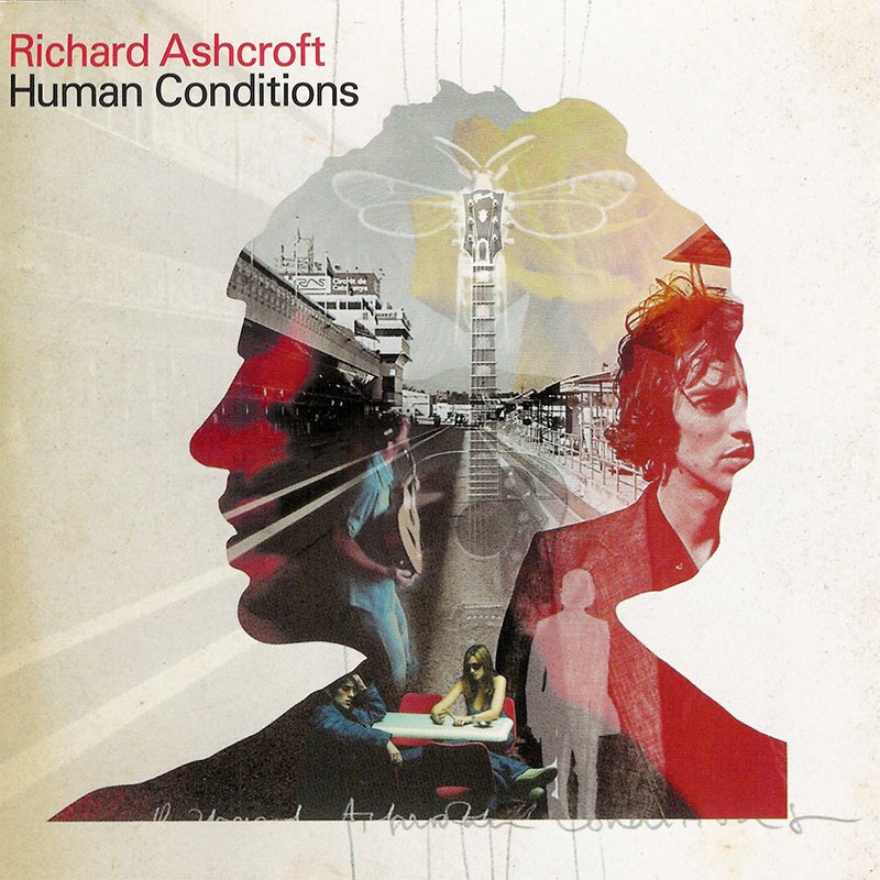 Book cover for 'Human Conditions' by Richard Ashcroft, featuring a collage of side-profile silhouettes of a woman's face, cityscape, guitar, a bee, and various people.