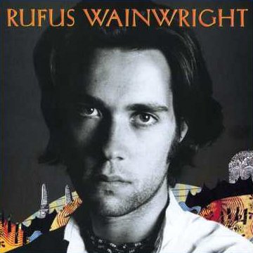Black and white portrait of a young man with dark hair, with the name Rufus Wainwright written in orange at the top.