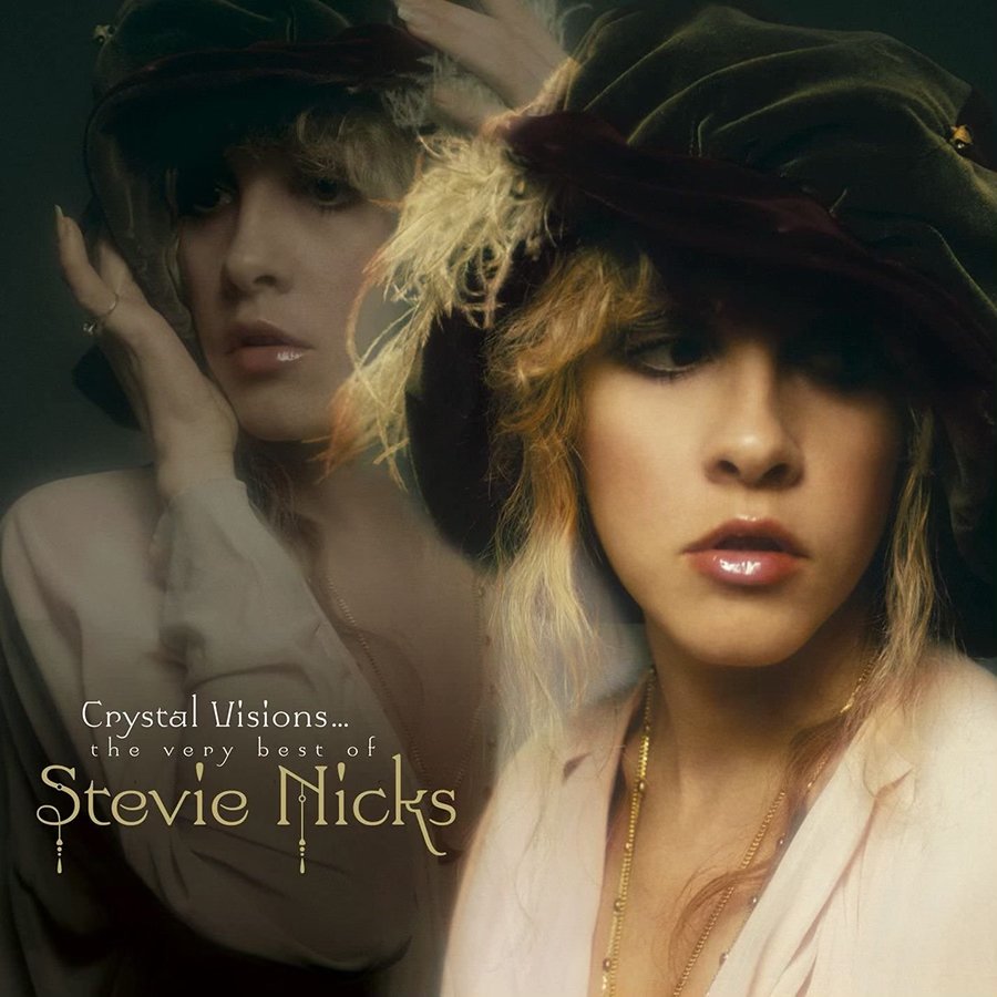 Cover art of Stevie Nicks' compilation album featuring two images of her wearing a large hat with feathers, one in sepia tone and one in color, with gold and white text.